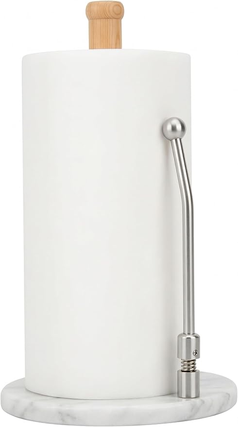 Spiretro Elegant Marble & Wood Paper Towel Holder – Real White Marble Base, Natural Wood Rod & Stainless Steel Tension Arm – Jumbo Roll Compatible – 7.75" W x 7.75" D x 13.25" H