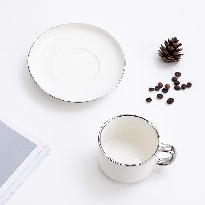 Agyiuns Tea Cups and Saucers with Silver Trim, 6.76 Ounce White Porcelain Tea Set & Coffee Cups for Latte, Cafe Mocha - Set of 4, Porcelain Mugs for Kitchen or Cafe (White and Silver)