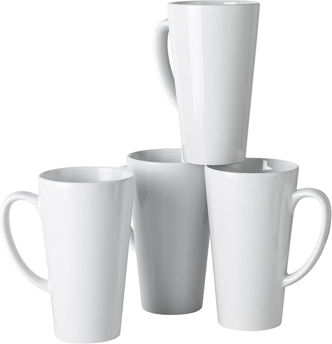 BYCNZB 16oz White Funnel Ceramic Tall Coffee Mugs for Coffee, Tea, Cocoa, Latte, Milk set of 4