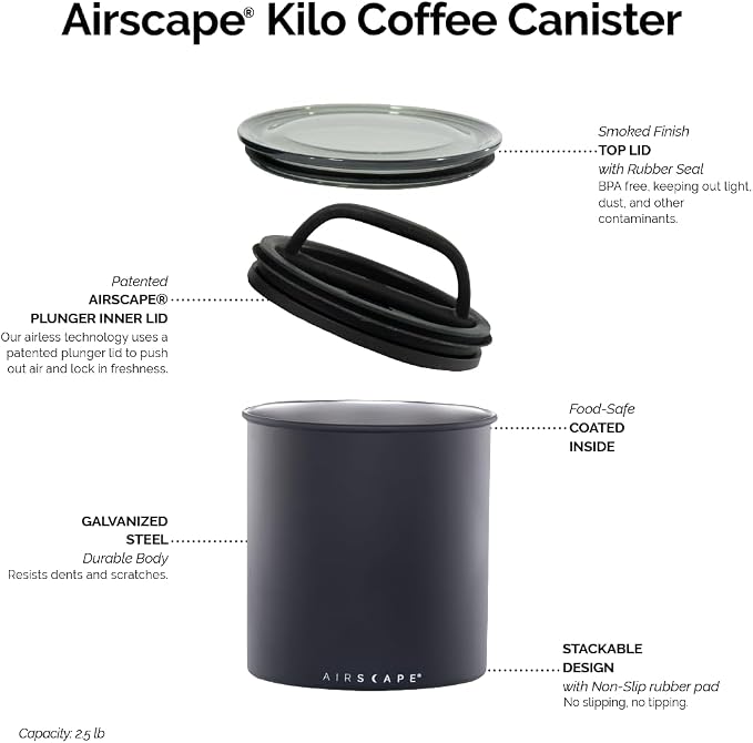 AirScape Planetary Design Kilo Coffee Storage Canister - US Patented Inner Plunger Lid Removes Excess Oxygen - DON'T buy airtight, BUY AIR-LESS - Holds 2.2 lbs Coffee Beans - (Matte White)