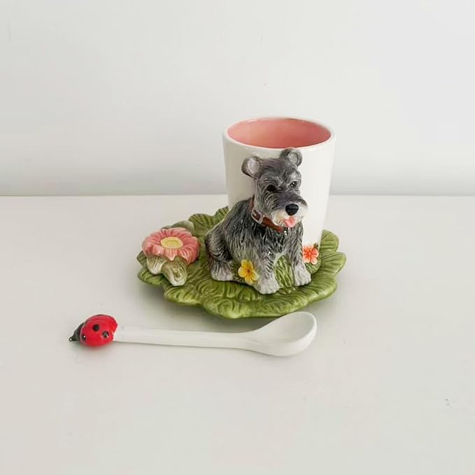 Ceramic Animal Coffee Mug Cup and Saucer Set，200ML(6.8OZ) 3D Hand-painted Tea Cup with Spoon (Grey)