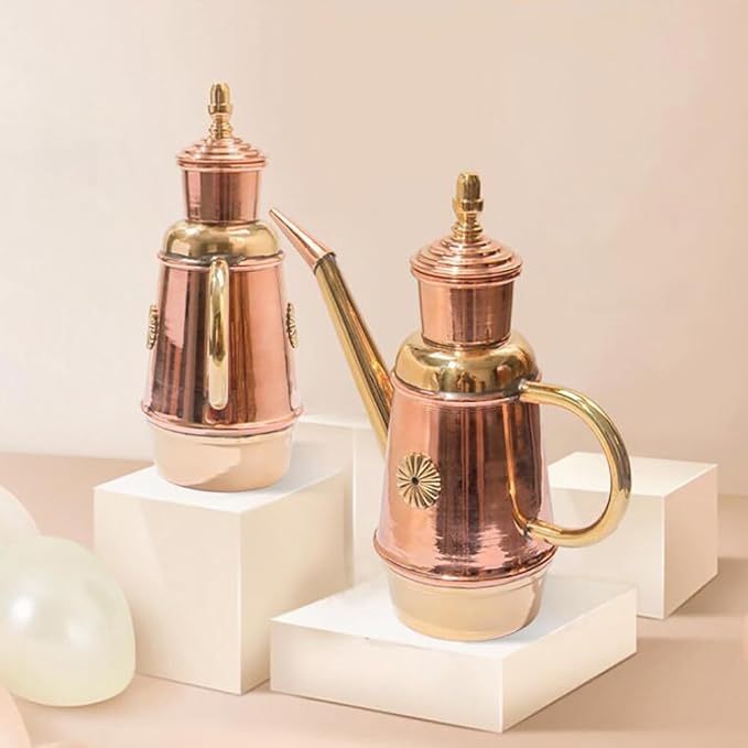 ikasus Olive Oil Dispenser Bottle, Retro Classic European Handmade Copper Oil Pot, Drip Free/Everyday-use Oil Vinegar Cruet, for Kitchen Restaurant Pizza Shop and Bakery, Gold, 450ML