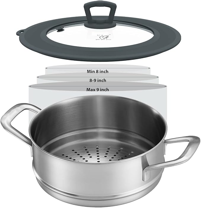 Vented Tempered Glass Universal Lid for Pot Pan Skillet with Heat Resistant Silicone Rim Microwave Splatter Lid Cover Microwave Safe Fit 8” 8.5” 9“ Cookware, Dishwasher Safe Grey
