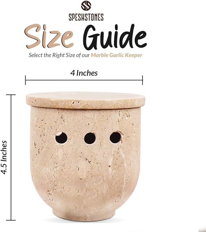 Marble Garlic Keeper 4.5 Inch Handmade Travertine Garlic Holder for Counter & Fresh Garlic Cloves, Storage Container for Gifts, Garlic Saver for Kitchen Countertop Decor