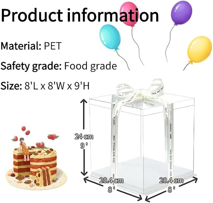 5-Pack 8-Inch Clear Square PET Cake Box (20.4 x 20.4 x 24 cm) with Ribbon Elegant Gift Packaging for Birthday Cupcakes, Macarons & Desserts – Reusable Display Case with White Base