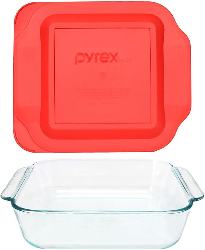 Pyrex 222 2qt Glass Baking Dish & 222-PC Red Food Storage Replacement Lid - Made in USA