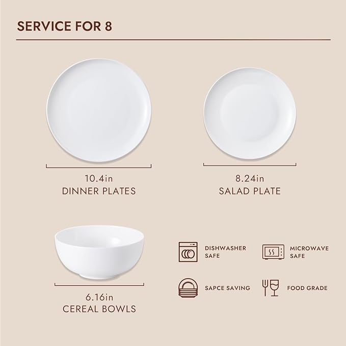 KINGSTONE 24-Piece Bone China Dinnerware Set with 40-Piece flatware, Ivory White Lightweight Porcelain Service for 8, for Family Dining, Restaurants, Gifting, Microwave and Dishwasher Safe