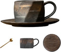 Japanese Style Handmade Ceramic Coffee Mug Set with ceramic Saucer & Stainless steel stirring spoon - 7.4 fl oz Retro Pottery Tea Cup for Espresso, Office, Home -Eco-Friendly & Heat Insulated Cups