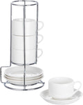 2.5oz Espresso Cups Set of 4, Small Stackable Coffee Cups with Saucers and Metal Stand, Ceramic Demitasse Cups, Cappuccino Cups for Coffee Drinks, Latte, White