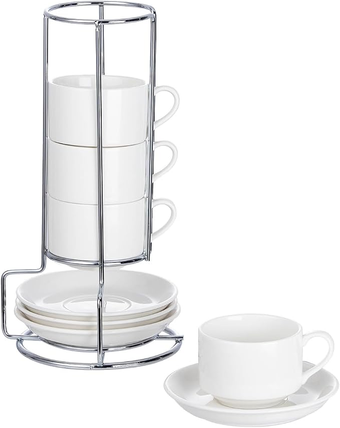 2.5oz Espresso Cups Set of 4, Small Stackable Coffee Cups with Saucers and Metal Stand, Ceramic Demitasse Cups, Cappuccino Cups for Coffee Drinks, Latte, White