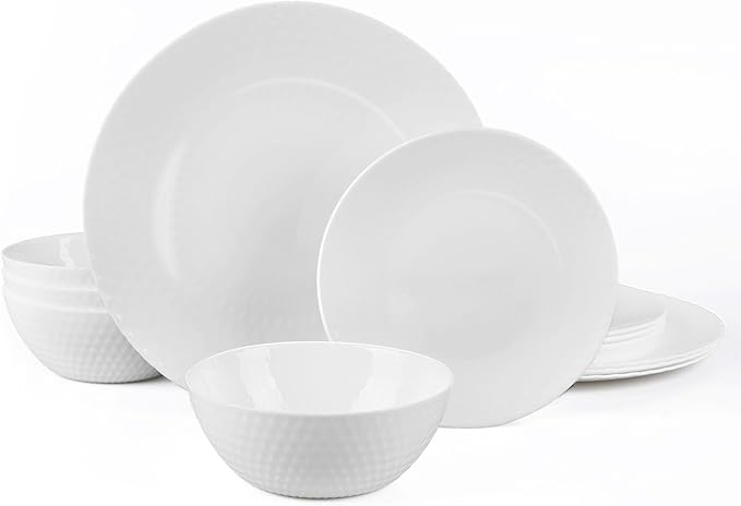 LaGlint Dinnerware Sets for 4, Light & Durable 12 Pieces Opal Glass Plates and Bowls Set, Dishwasher and Microwave Safe Dish Dinning Ware, Thin but Strong Geometric Faceted White