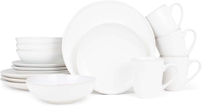 Elanze Designs Reactive Glaze Stone Ceramic Plates Bowls Mugs Classic Dinnerware 16 Piece Set - Service for 4, White