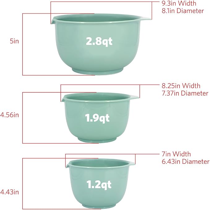 Glad Mixing Bowls with Pour Spout, Set of 3 | Nesting Design Saves Space | Non-Slip, BPA Free, Dishwasher Safe Plastic | Kitchen Cooking and Baking Supplies, Sage Green