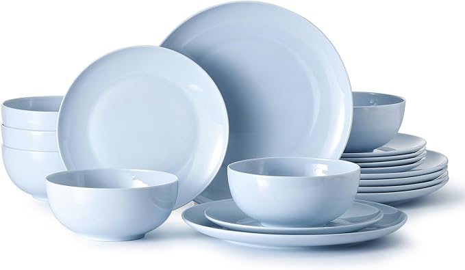 KINGSTONE 18-Piece Bone China Dinnerware Set for 6, Lightweight Porcelain Round Plates and Bowls Set, Durable Scratch Resistant Ceramic Dinner Set, Microwave & Dishwasher Safe, Misty Blue