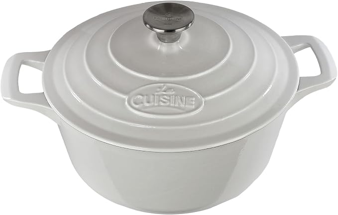 La Cuisine Enameled Cast Iron Dutch Oven Casserole Dish Pot with Lid 5 QT 10.3" /26cm Cream White Enamel Coating Interior, White Enamel Coating Exterior, Oven Safe up to 500° F