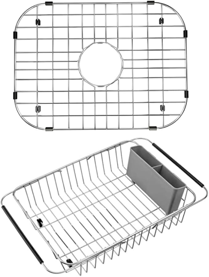 SANNO Kitchen Sink Grate Stainless Steel Sink Protector for Kitchen Sink Over The Sink Expandable Dish Drying Rack, Dish Drainer