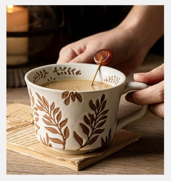 12OZ Stackable Coffee Mugs, Ceramic Coffee Mugs with Grass leaf pattern for Man,Woman,Dad,Mom, Modern Coffee Mugs Set of 2 for Latte,Cappuccino,Cocoa. Dishwasher&Microwave Safe(Leaf)