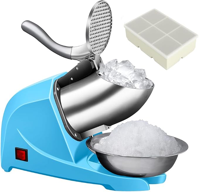 4-Blades Electric Ice Shaver Machine, 200lbs/hr Ice Crusher with Ice Tray for Home and Commercial Use (Blue)