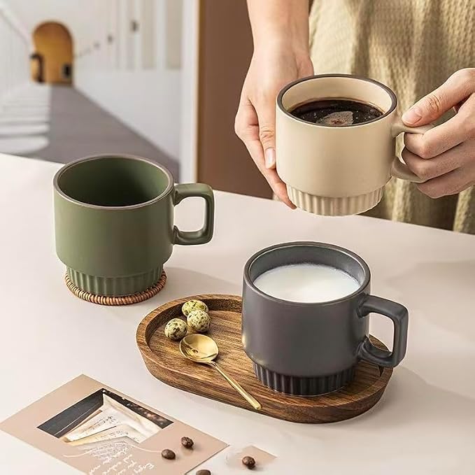 12OZ Stackable Coffee Mugs Set, Ceramic Coffee Cups with morandi color for Au Lait, Cappuccino,Latte,Cafe,Mocha,Tea, Suit Party Housewarming Wedding, Set of 3, Dishwasher&Microwave Safe