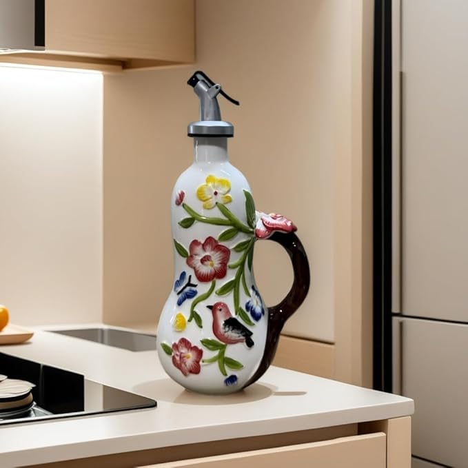 18.26oz/540ml Decorative Olive Oil Dispenser Bottle for Kitchen,Hand Painted Relief Ceramic Olive Oil Bottle,Ceramic Oil Container (Handmade Flowers)