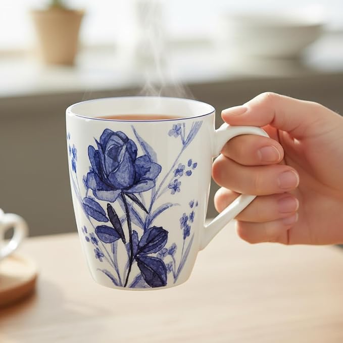 Lorren Home Trends Floral Rose Coffee Mug Set of 4, 12 Oz, Microwave and Dishwasher Safe, Bone China (DARK BLUE)