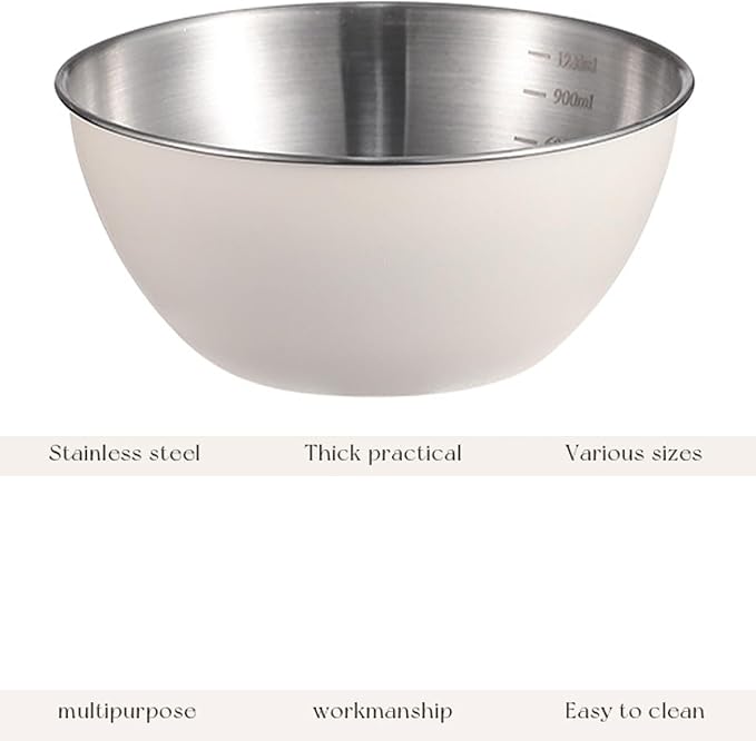 Stainless Steel Salad Bowls Set of 2 Mixing Bowl with Measurement Markings Snacks Bowls, 2.11 Quart White Serving Bowls for Mixing, Cooking, Baking, Prepping and Home Kitchen Food Storage Bowls