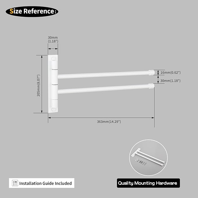 GERZWY Bathroom 2-Arm Swing Arm Towel Bars Wall Mount Stainless Steel Bath Towel Rack Hanger, White