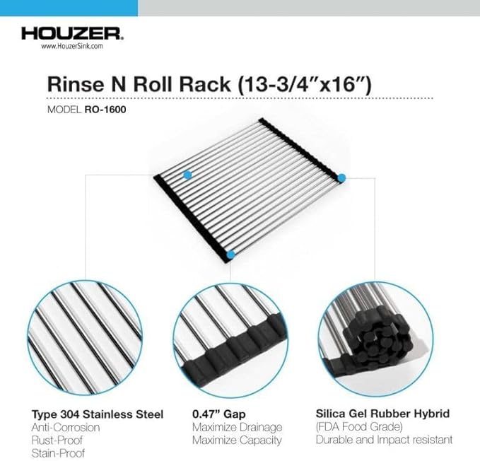 HOUZER RO-1600 - Stainless Steel Rolling Mat for Novus Series Kitchen Sinks, Multipurpose Rack for Drying Dishes, Washing Fruit, or Holding Utensils, Durable Sink Accessory