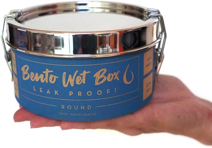 ECOlunchbox Bento Wet Box – Round Leak-Proof Stainless Steel Container, 24 oz (700 ml), Silicone Gasket & Soft-Close Clips, Plastic-Free, Dishwasher & Oven Safe