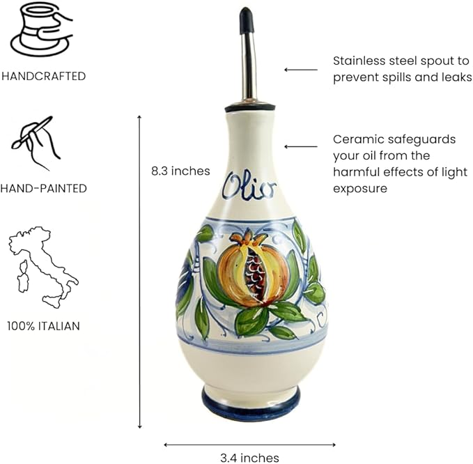 thatsArte - Hand-Painted Italian Ceramic Olive Oil Dispenser Bottle With Stainless Steel Spout - Venezia Oil Pourer by Rampini, Handmade in Gubbio, Made in Italy Cruet