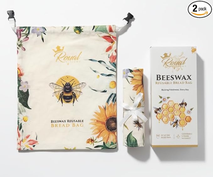 Reusable Beeswax Breads Bag | 2 Pack Organic Sourdough bread bags for homemade bread | Fridge and Freezer friendly Beeswax Lined cotton bag to keep your bread fresh and preserved | 2 XL bread Bags