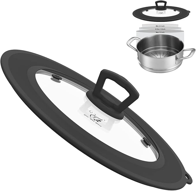 Vented Tempered Glass Universal Lid for Pot Pan Skillet with Heat Resistant Silicone Rim Microwave Splatter Lid Cover Microwave Safe Fit 9.5“ 10” 10.5“ 11” Cookware, Dishwasher Safe Black