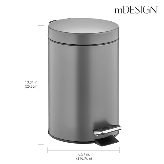 mDesign Pedal Bin — Metal Waste Bin with Pedal, Lid and Plastic Bucket Insert — for Bathroom, Kitchen, and Office — 3 Litre Household Rubbish Bin with Ergonomic Design — Graphite Grey