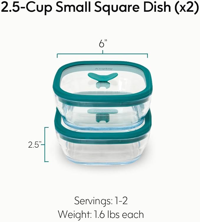 Anyday 2 Pack 2.5 Cup Microwavable Glass Lunch Containers With Glass Lids, Microwave Safe Lunch Bowls with Lids for Work, Food Storage, Bento Box Meal Prep Container