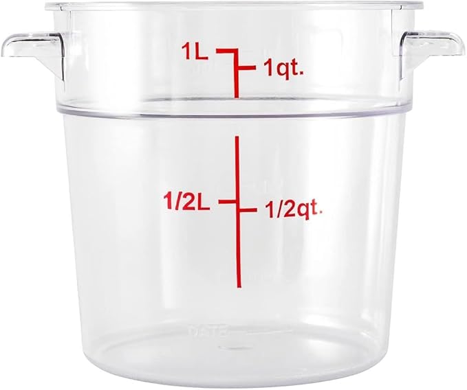 Soro Essentials- 1 qt. Polycarbonate Round Food Storage Container with Graduated Markings Clear Color- Stackable Storage Bin Food Container with Handle for Pantry Organizer Storage Kitchen Fridge