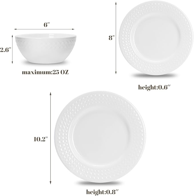 18-Piece Bone China Dinnerware Set for 6, White embossed dinnerware set, Plates and Bowls with Textured Design, Microwave Dishwasher Safe
