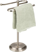 J&V TEXTILES Classical Steel Towel Rack Holder Stand with 2 Hanging Rings for Bathroom Vanity Countertops - Space Saving Hand Towel Holder (Brushed Satin Nickel)