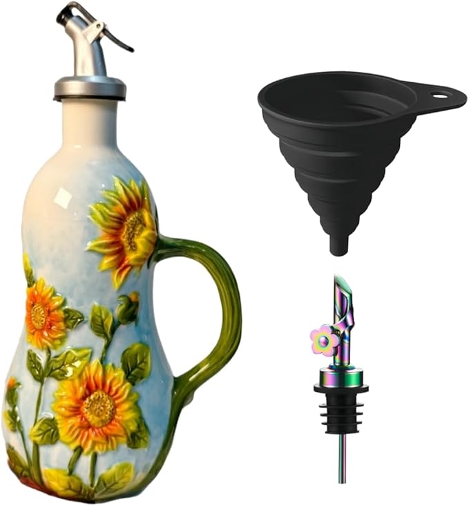 18.26oz/540ml Ceramic Olive Oil Dispenser Bottle,Hand Painted Reliefs Oil Dispenser for Kitchen,Oil Bottles for Kitchen (Sunflower)