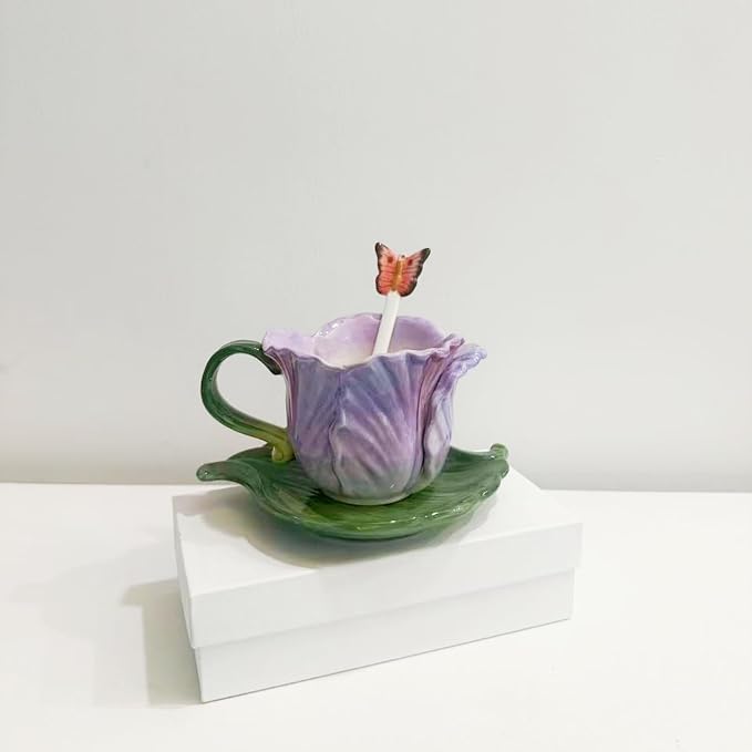 Ceramic Tea Cup and Saucer Set ，8OZ 3D Hand-Painted Flower Coffee Mug，Gift for Women -Pinkish Purple