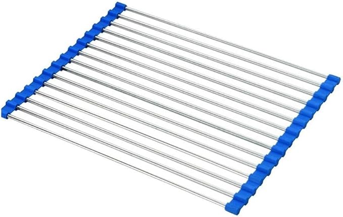 Rollable Dish Drying Rack Roll Up Foldable Dish Racks，Multipurpose Anti-Corrosion 304 Stainless Steel Over Sink Kitchen Sink Drainer Rack for Cups Fruits Vegetables(Blue,37 * 23cm)