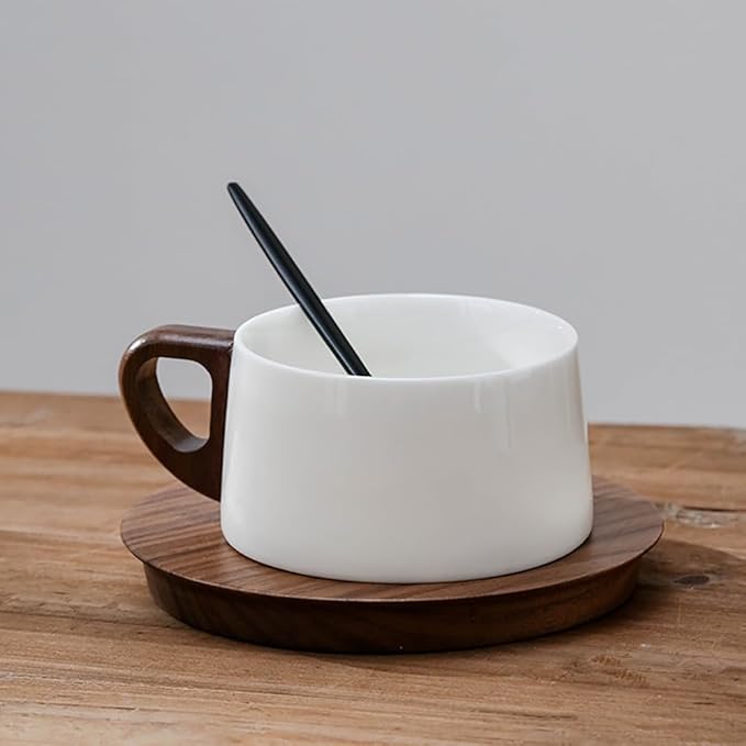 5oz/150ml Cappuccino Cup and Saucer Set, White Porcelain Cup with Walnut Wood Saucer, Espresso Coffee Mug, set of 1 (SYJ-TC001)