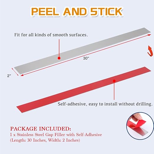 304 Brushed Stainless Steel Sheet Gap Filler, Metal Trim Strip for Wall Oven/Microwave Combo/Range/Cooktop, Self-Adhesive Gap Cover, 30 Inches Long, 2 Inches Wide, One Piece
