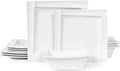 Square Melamine Dinnerware Sets of 12 Pcs,Square Plates and Bowls Sets,Unbreakable Dish Set for 4,Lightweight, Dishwasher Safe and BPA Free,Suit for RV,Camping（White）