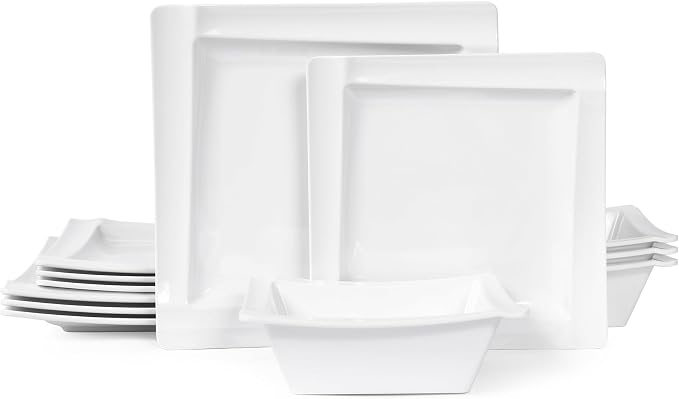 Square Melamine Dinnerware Sets of 12 Pcs,Square Plates and Bowls Sets,Unbreakable Dish Set for 4,Lightweight, Dishwasher Safe and BPA Free,Suit for RV,Camping（White）