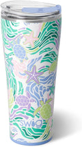 Swig Life 32oz Insulated Tumbler, Travel Coffee Tumbler with Lid, Cup Holder Friendly Travel Coffee Mug, Stainless Steel, 32 oz, Reusable Insulated Mug with Lid (Sea Swirl)