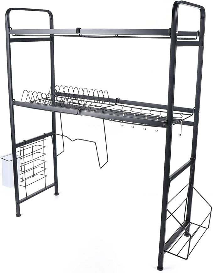 Stainless Steel Kitchen Storage Organizer Rack,Dish Drying Rack, 2 Tier Over The Sink Dish, Plate, Cup Drying Rack,Dish Drainer Storage Rack for Chicken Counter (Black)