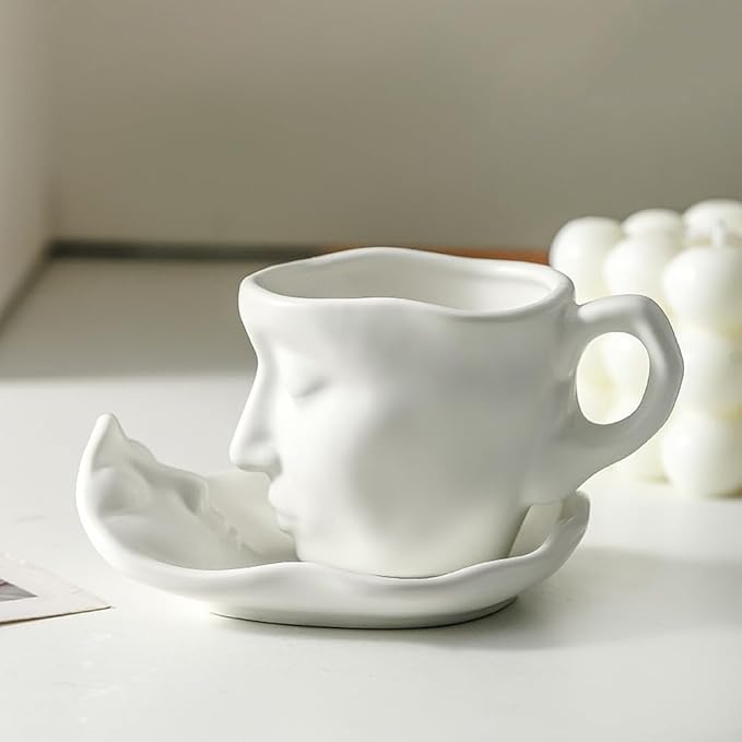 Human Face Ceramic Coffee Mug, 8.8oz/260ml Kissing Coffee Cup with Saucer Coffee Spoon, Tea Cup Milk Latte Espresso Cappuccino Juice Beverage Iced Tea Water Cups Drinkware (White)