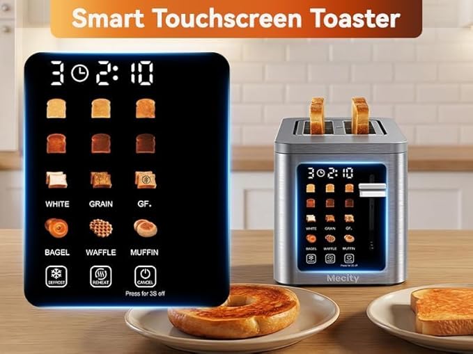 Mecity 2 Slice Toaster Smart Touchscreen, Stainless Steel Wide Slot Toasters Defrost, Reheat, Memory Function, Auto Shutoff, Digital Electric Bread Toaster for Bagel Muffin Waffle, 120V