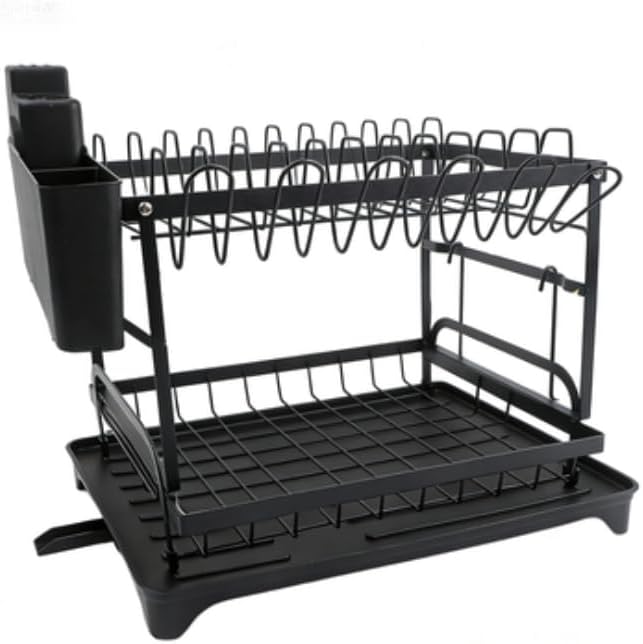 2 Tier Dish Drying Rack Large Extendable Dish Racks for Kitchen Counter or Over Sink Dishrack with Drainboard 2-in-1 Anti-Rust Dish Drainer with Utensil Holder(Black)