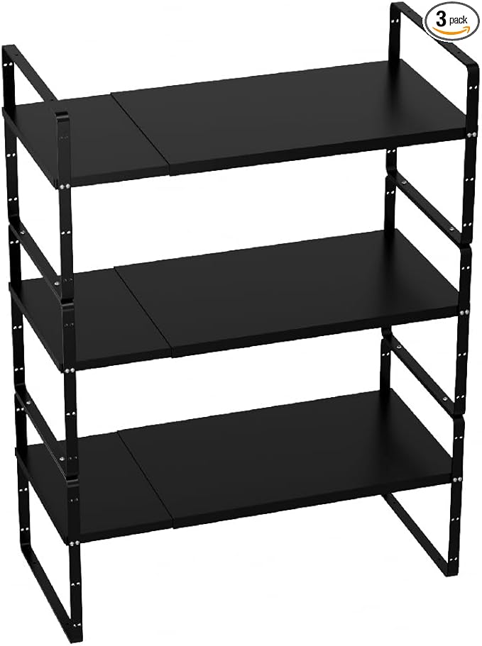 Slideep Expandable Cupboard Organizer,Large Kitchen Cabinet Organizer Stackable Shelf Organizer large Expandable Shelves, Counter Pantry Storage Organization, Black, 16" to27 L x 10" W, 3 pack